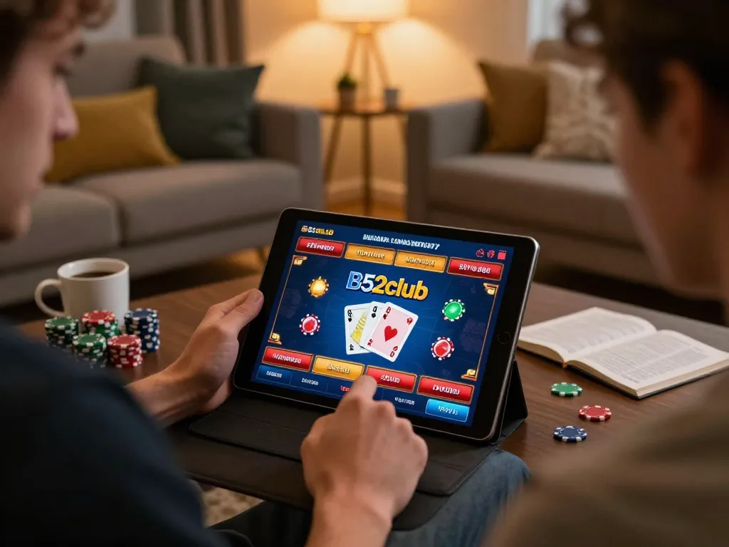 Người chơi B52club đang lập chiến lược để thắng trong phiên chơi game trực tuyến tại nhà với máy tính bảng và bài