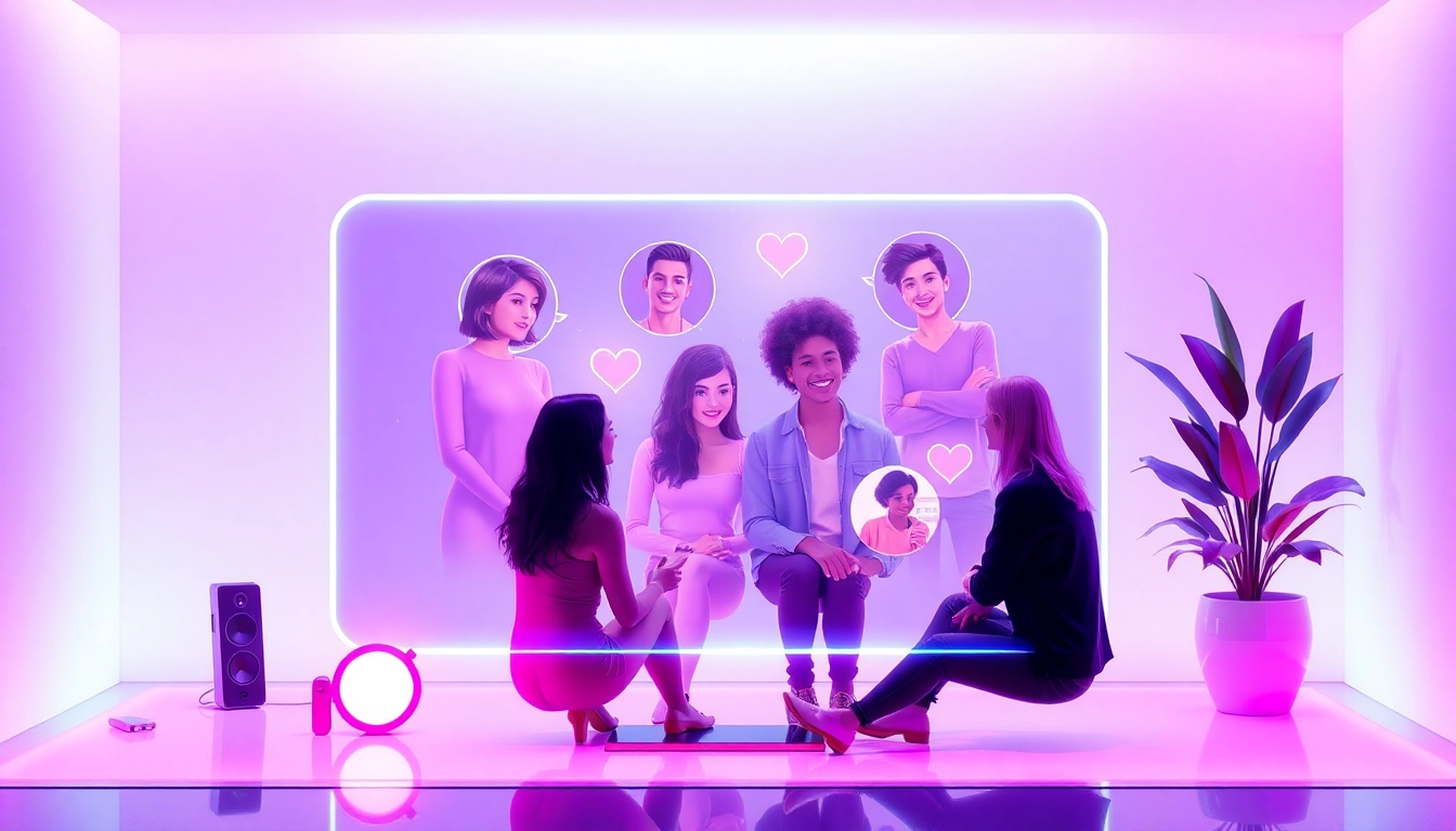 Engaging visual of a futuristic AI sex chat interface with vibrant avatars in conversation.