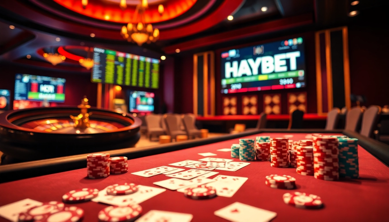 Exciting poker game at HAYBET casino with colorful chips and cards in action.