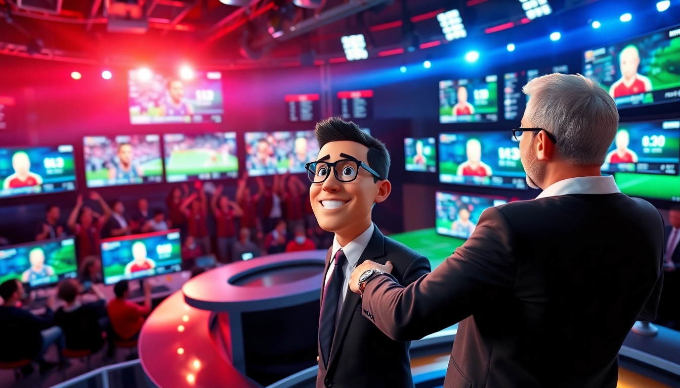 Engaging sports broadcasting setup revealing highlights and statistics in a lively studio.