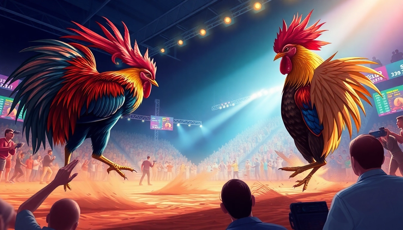 Exciting live cockfighting at SV368win.live, showcasing dynamic action and vibrant audience engagement.