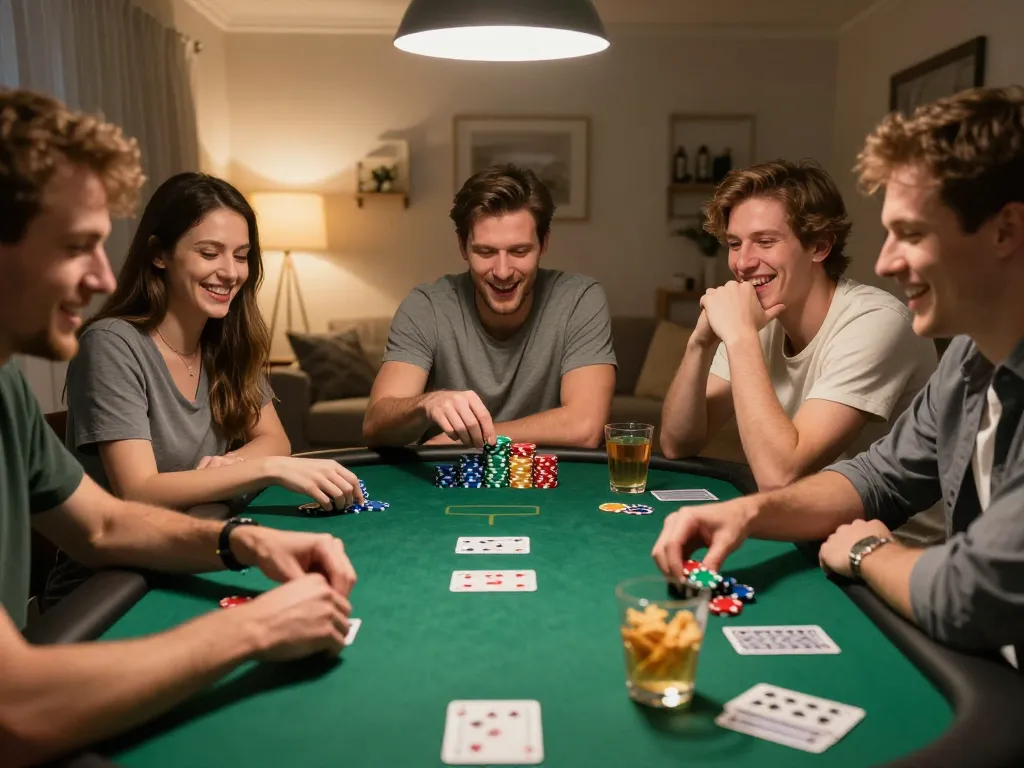 Engaging poker night scene with friends playing and strategizing on gamebaidoithuong8, showcasing cards and chips in play