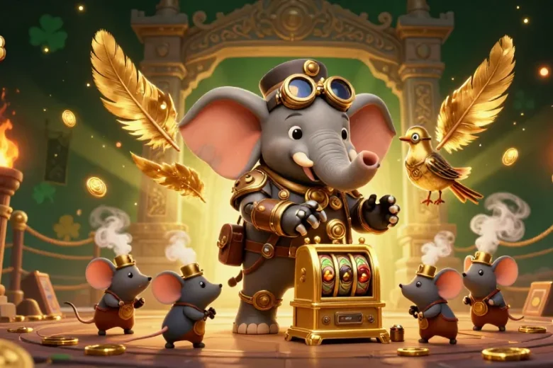 Experience the excitement of QS88 as the steampunk elephant operates a golden slot machine amidst swirling golden feathers and coins.