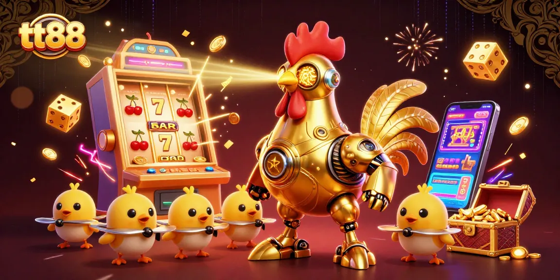 Experience thrilling betting at tt88 with a golden rooster robot leading the adventure in this dynamic casino scene.