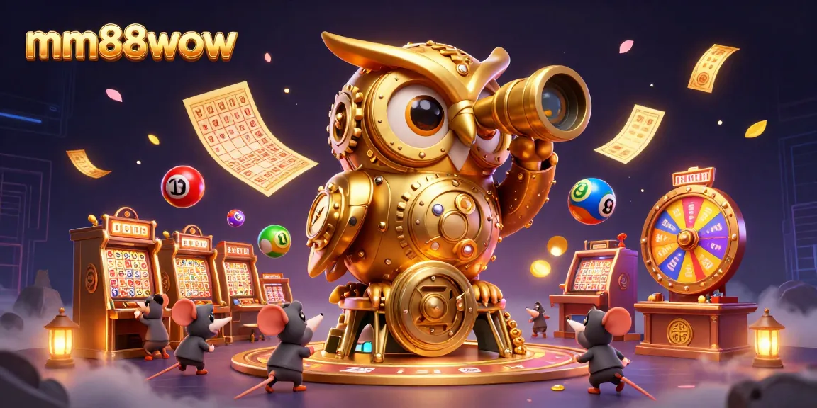Experience the excitement of mm88wow's casino, where a clockwork owl oversees lively gaming with vibrant lottery balls.
