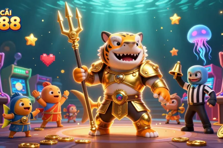 Experience the thrilling world of NHÀ CÁI QS88 with a vibrant underwater casino scene featuring a gladiator shark.