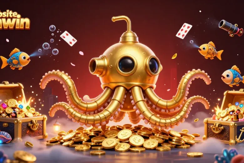 Play games on Website Sunwin with vibrant 3D illustration of kraken submarine amidst sea of coins.