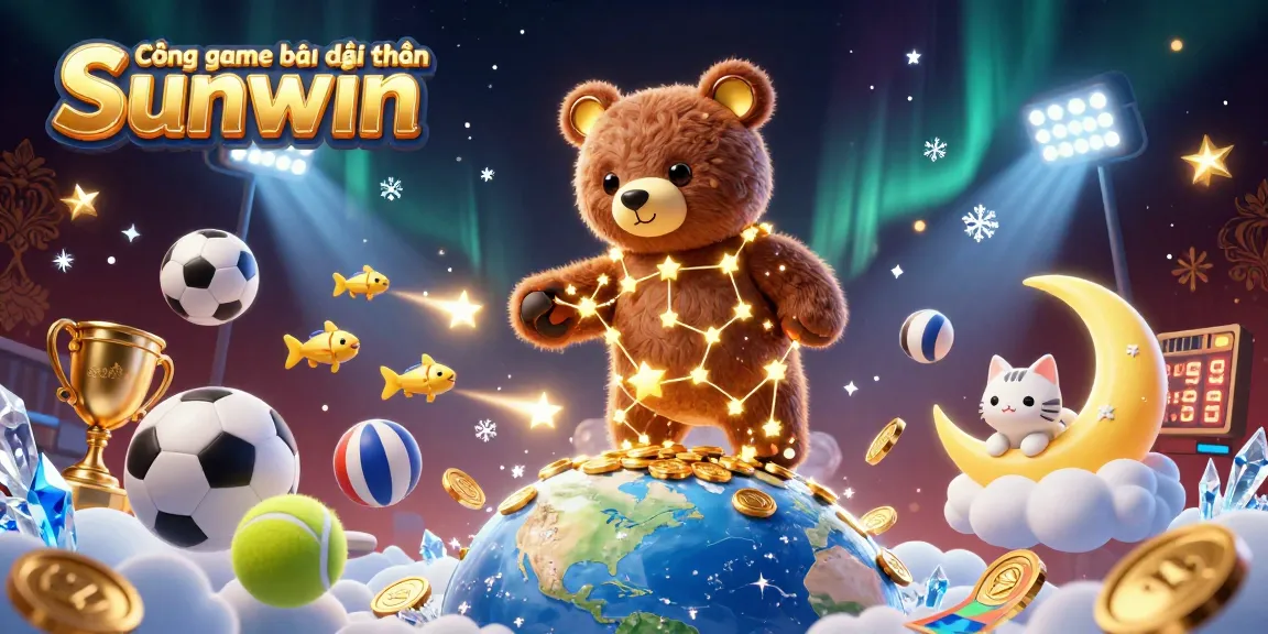 Cổng game bài đổi thưởng Sunwin showcases an imaginative scene with a constellation bear and vibrant sports elements for an engaging gaming experience.