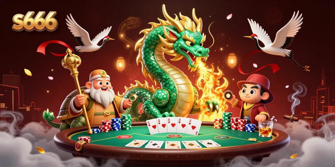 S666 players celebrate big wins with a dynamic 3D casino scene featuring a dragon and poker elements