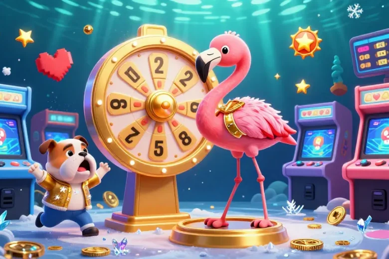 Spin to win with UU88 COM, as a flamingo host spins a golden wheel with vibrant arcade elements.