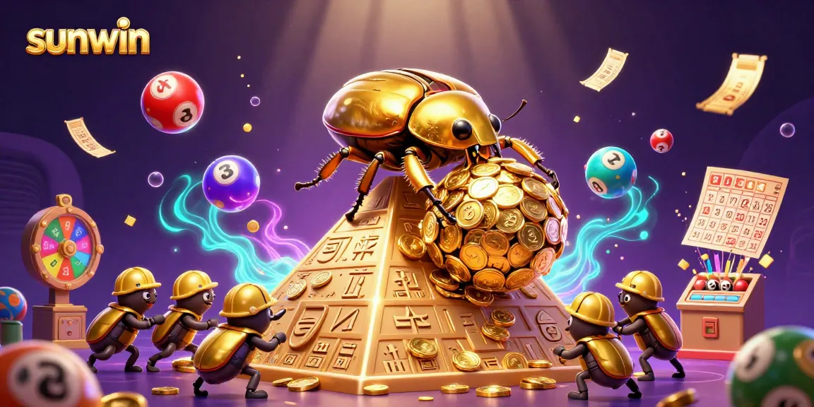 Experience the excitement of sunwin with golden coins and vibrant lottery elements in this dynamic illustration.