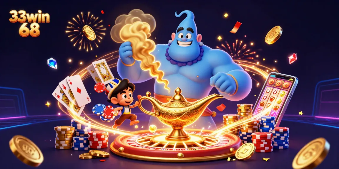 Play and win with 33win 68 in this vibrant casino illustration featuring magical elements and lucky symbols.
