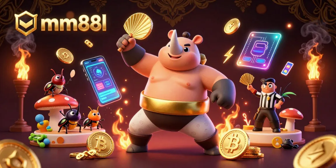 mm88l promotes 3D cartoon beetle gambling scene with glowing coins flying and crypto elements.
