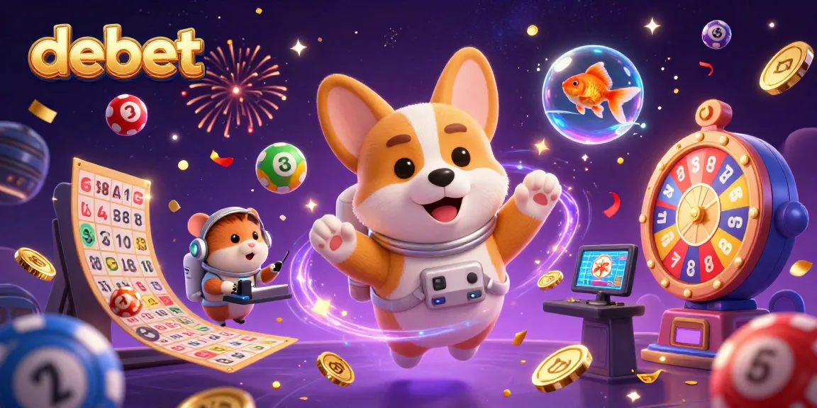 Engage with Debet's exciting casino atmosphere featuring a 3D corgi astronaut and dynamic lottery elements.