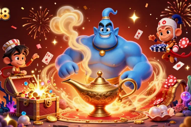Play exciting games at mv88 while surrounded by a captivating scene of a genie and magic carpet.