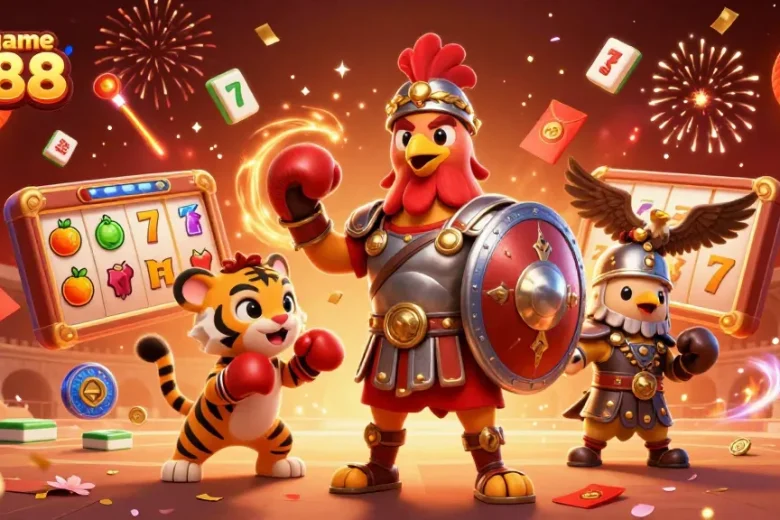 Experience excitement at cổng game go88 with a vibrant, action-packed illustration of games and characters.