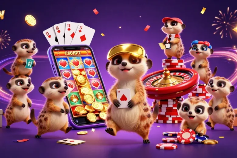 SUNWIN jackpots await in this vibrant casino scene featuring meerkats running a dynamic operation with thrilling slot games.