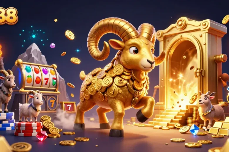 Experience the thrill of go88 with massive golden ram charging through golden gates in a vibrant casino scene.